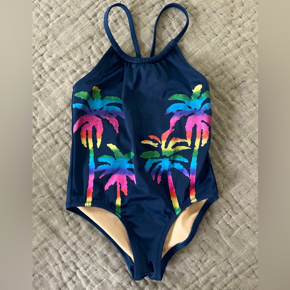 J. Crew Crewcuts Navy Blue One Piece Swimsuit Tropical Colorful Foil Palm Size 3